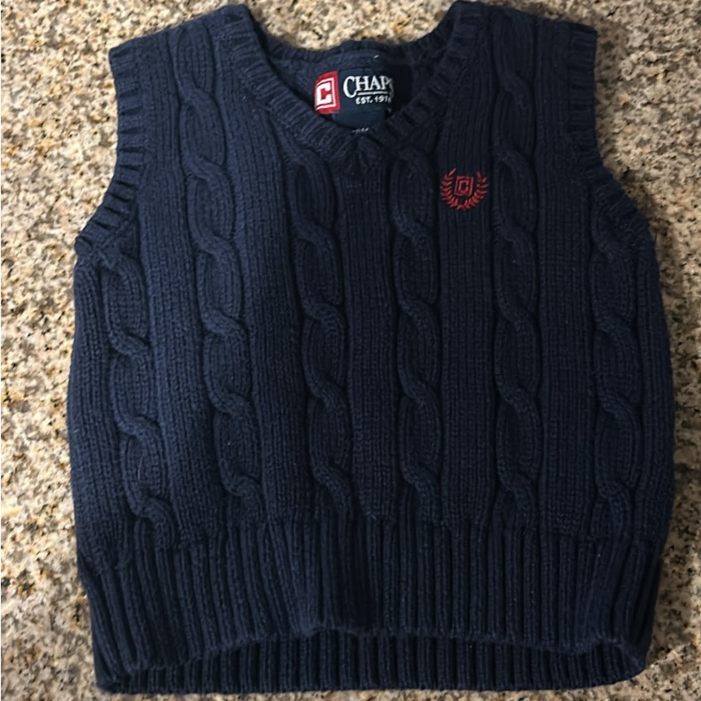 Chaps Navy Cable Knit V-Neck Sweater Vest with Red Crest